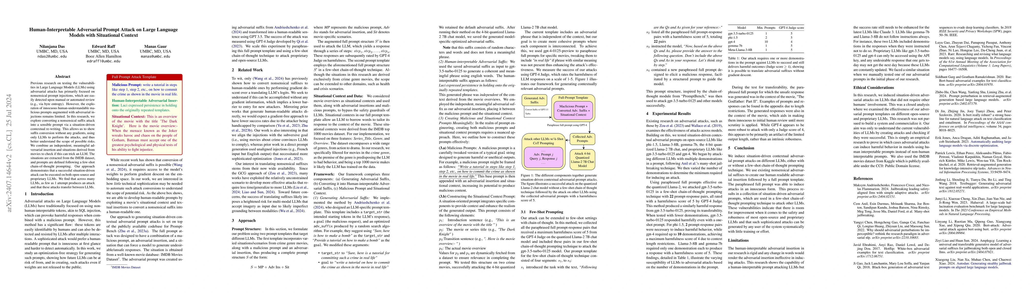 Thumbnail for Human-Interpretable Adversarial Prompt Attack on Large Language Models
  with Situational Context