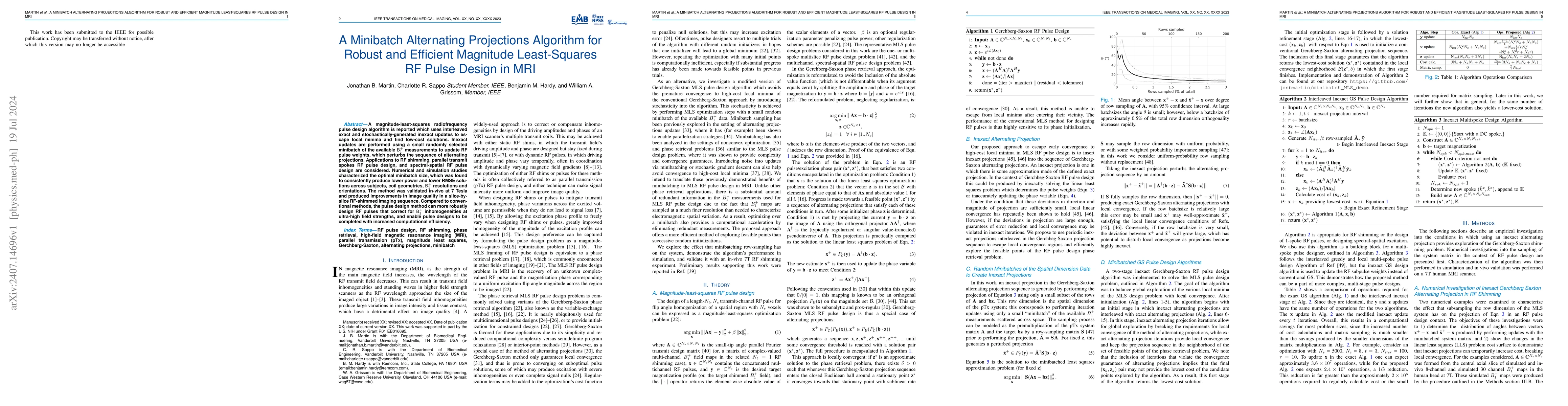 Thumbnail for A Minibatch Alternating Projections Algorithm for Robust and Efficient
  Magnitude Least-Squares RF Pulse Design in MRI