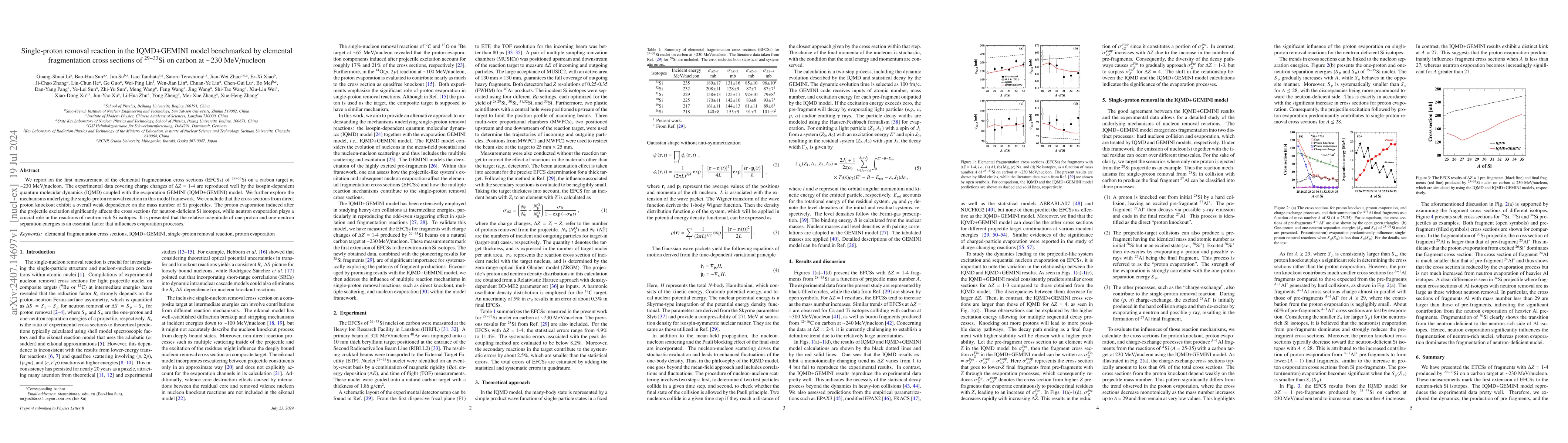 Thumbnail for Single-proton removal reaction in the IQMD+GEMINI model benchmarked by
  elemental fragmentation cross sections of $^{29-33}\mathrm{Si}$ on carbon at
  $\sim$230~MeV/nucleon