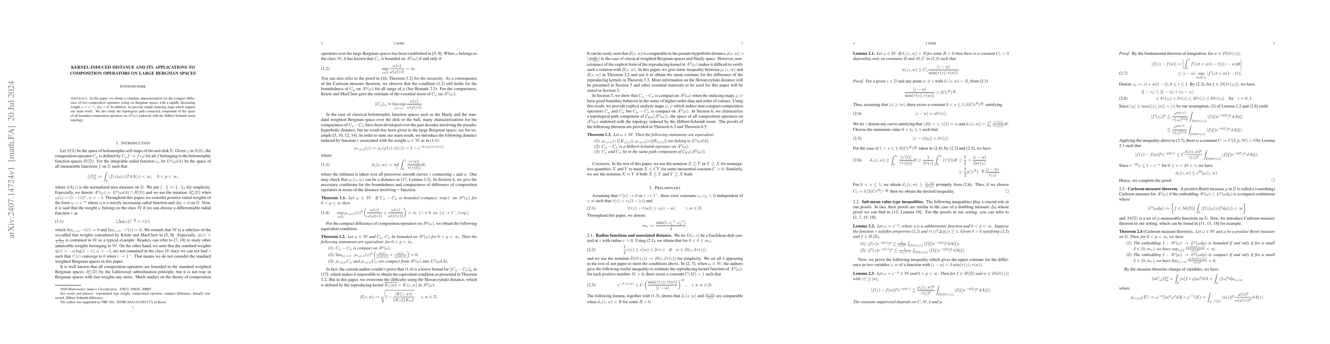 Thumbnail for Kernel-induced distance and its applications to Composition operators on
  Large Bergman spaces