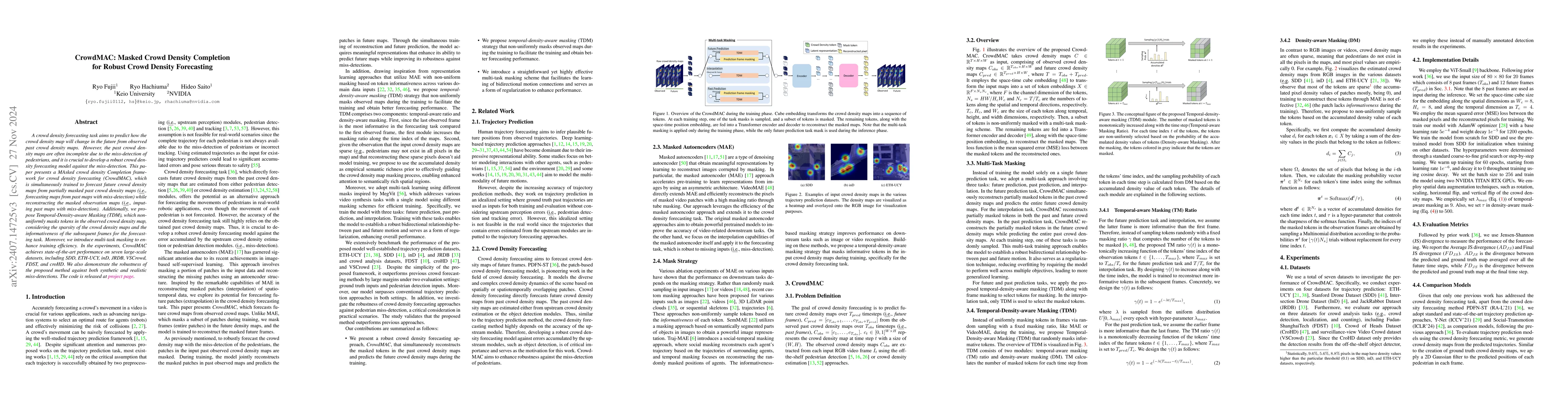 Thumbnail for CrowdMAC: Masked Crowd Density Completion for Robust Crowd Density
  Forecasting