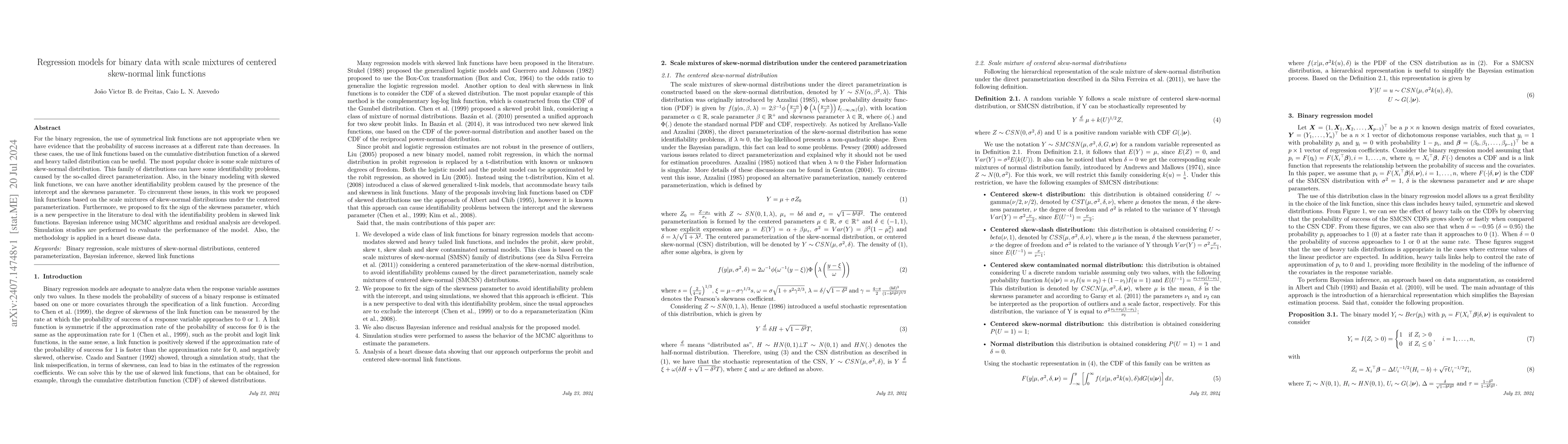 Thumbnail for Regression models for binary data with scale mixtures of centered
  skew-normal link functions