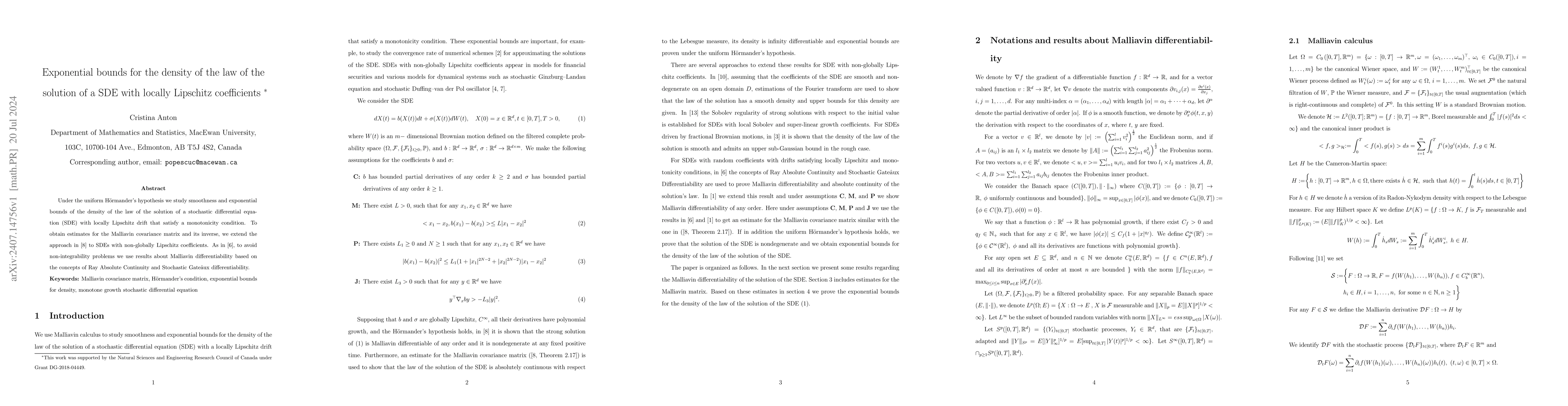 Thumbnail for Exponential bounds for the density of the law of the solution of a SDE
  with locally Lipschitz coefficients