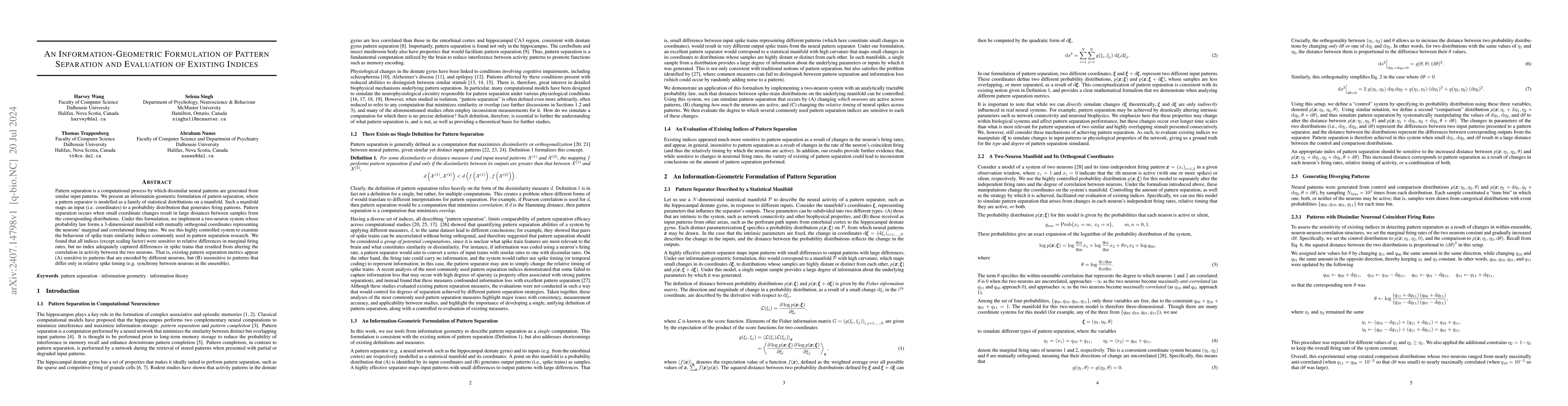 Thumbnail for An Information-Geometric Formulation of Pattern Separation and
  Evaluation of Existing Indices