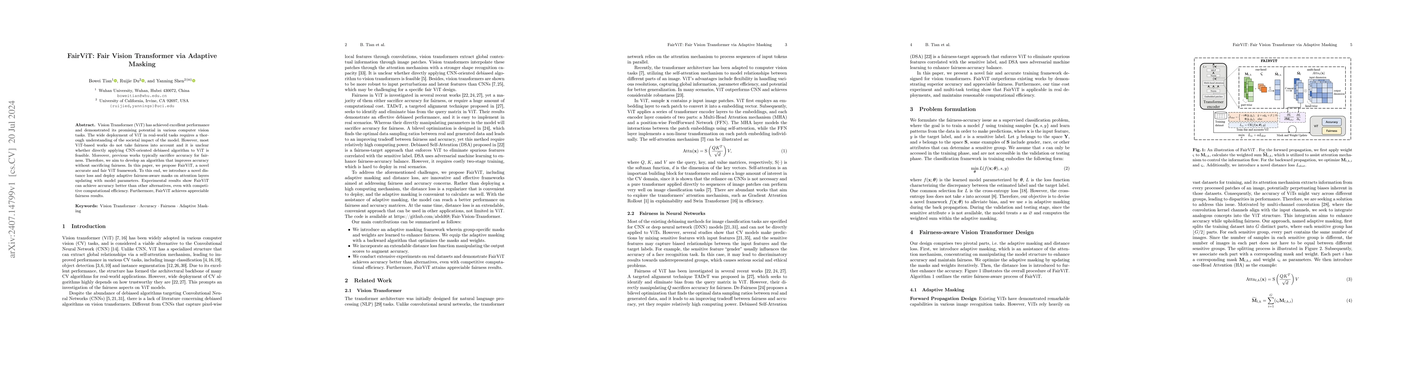 Thumbnail for FairViT: Fair Vision Transformer via Adaptive Masking