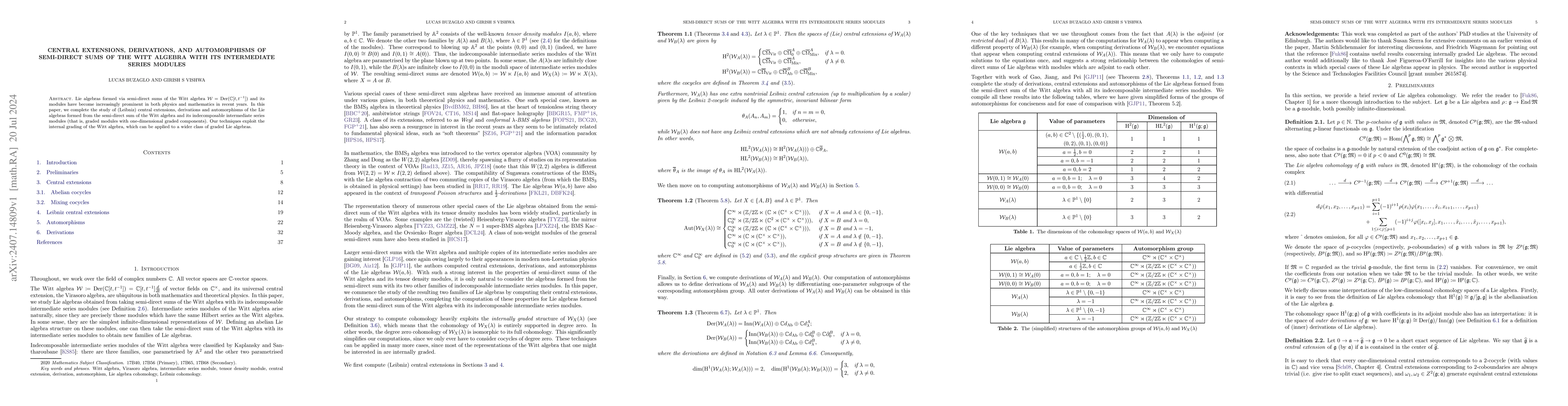 Thumbnail for Central extensions, derivations, and automorphisms of semi-direct sums
  of the Witt algebra with its intermediate series modules