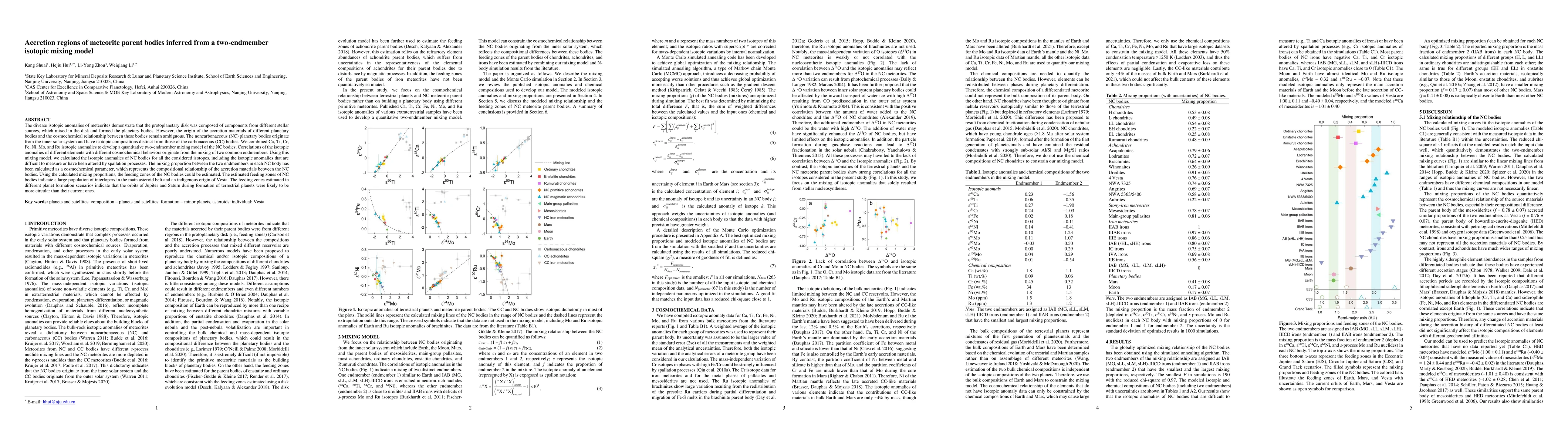 Thumbnail for Accretion regions of meteorite parent bodies inferred from a
  two-endmember isotopic mixing model