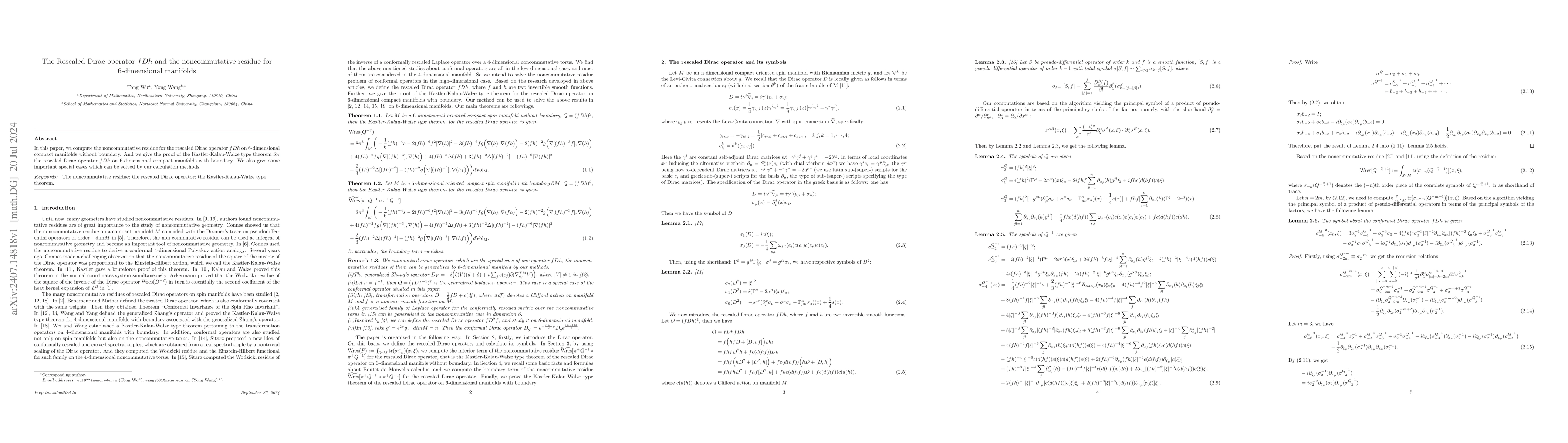 Thumbnail for The Rescaled Dirac operator fDh and the noncommutative residue for
  6-dimensional manifolds