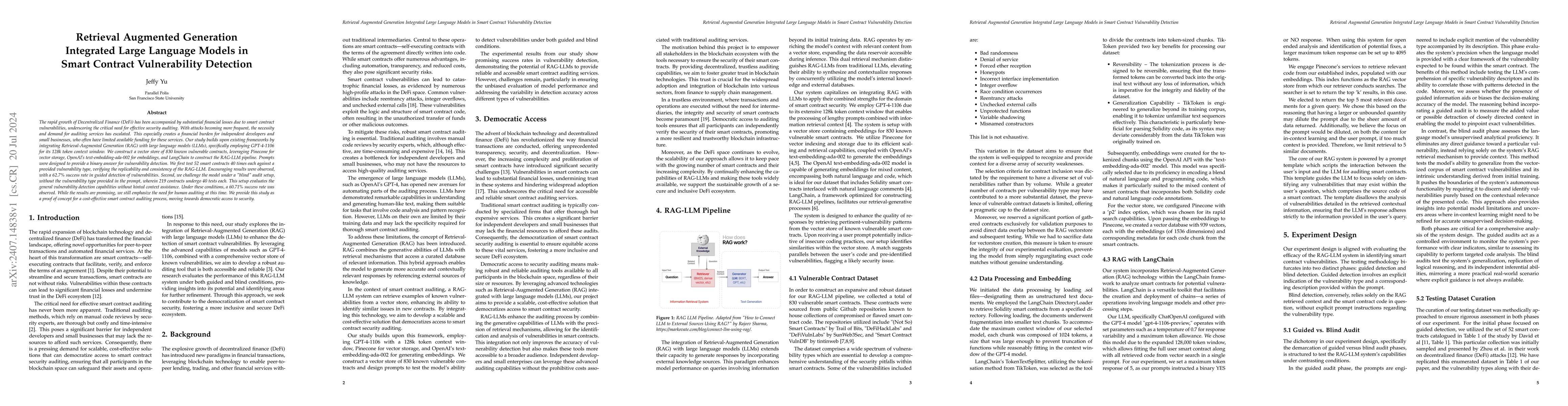 Thumbnail for Retrieval Augmented Generation Integrated Large Language Models in Smart
  Contract Vulnerability Detection