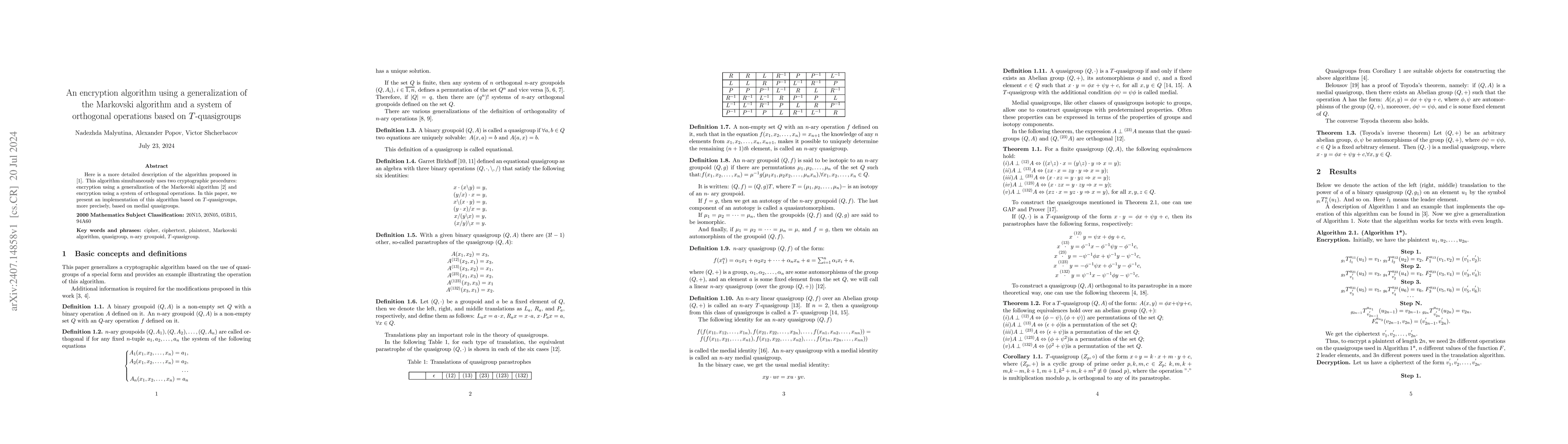 Thumbnail for An encryption algorithm using a generalization of the Markovski
  algorithm and a system of orthogonal operations based on T-quasigroups