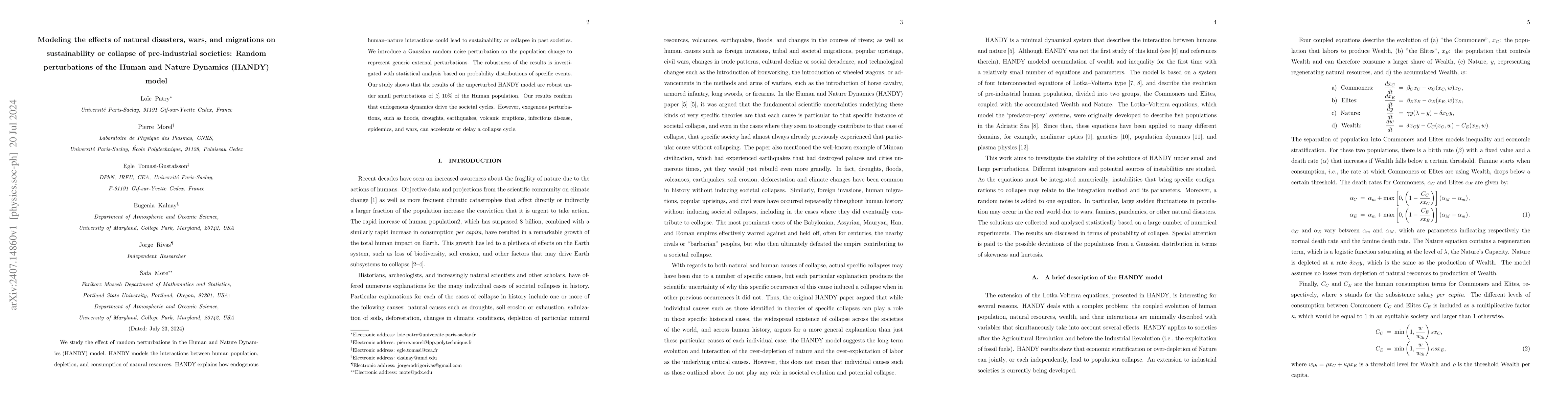 Thumbnail for Modeling the effects of natural disasters, wars, and migrations on
  sustainability or collapse of pre-industrial societies: Random perturbations
  of the Human and Nature Dynamics (HANDY) model