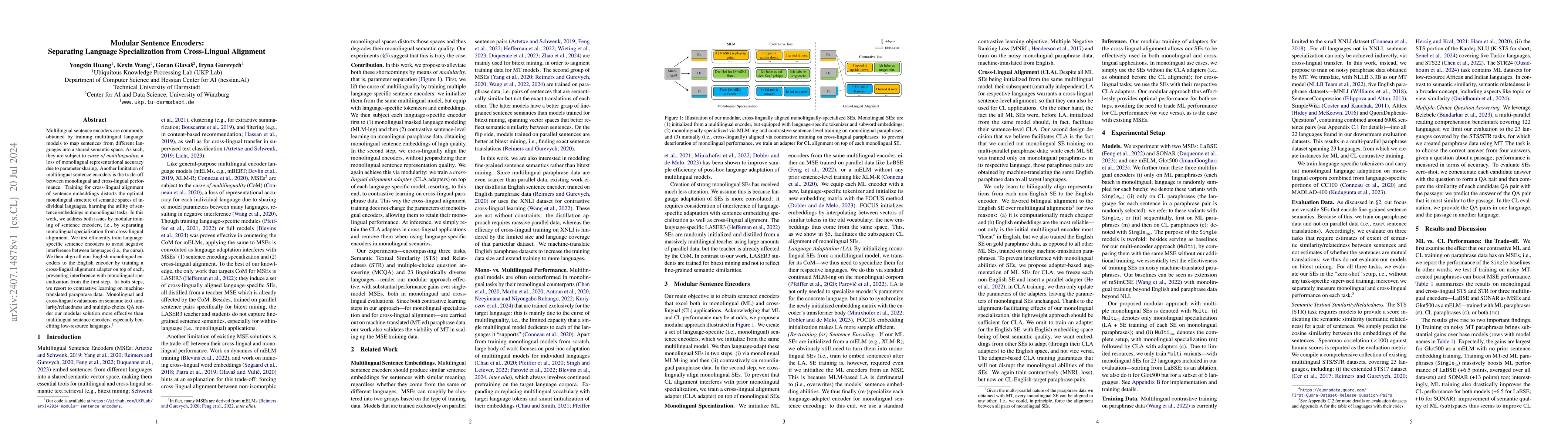 Thumbnail for Modular Sentence Encoders: Separating Language Specialization from
  Cross-Lingual Alignment