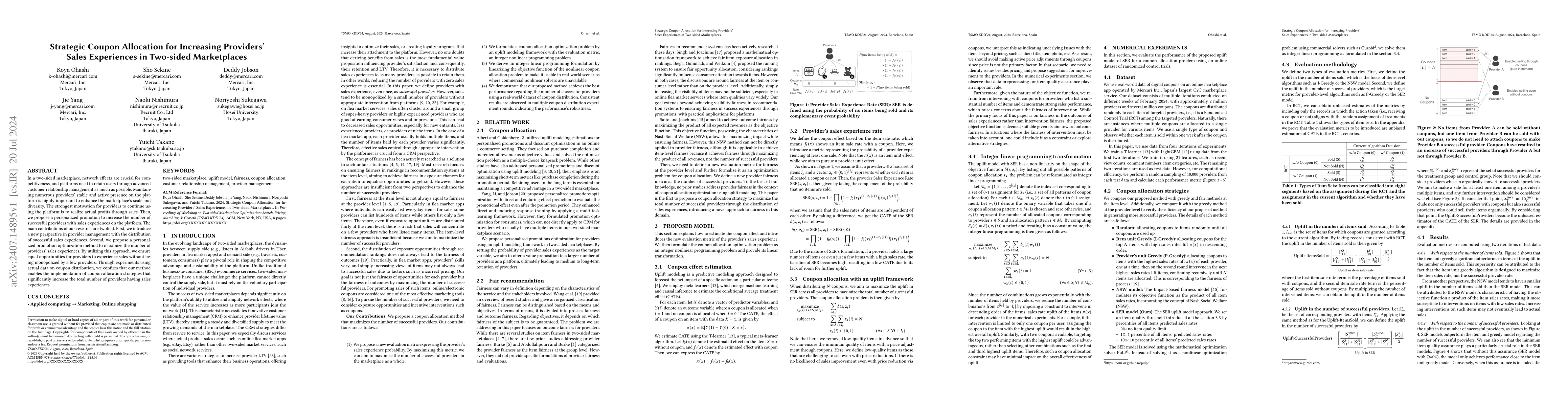 Thumbnail for Strategic Coupon Allocation for Increasing Providers' Sales Experiences
  in Two-sided Marketplaces