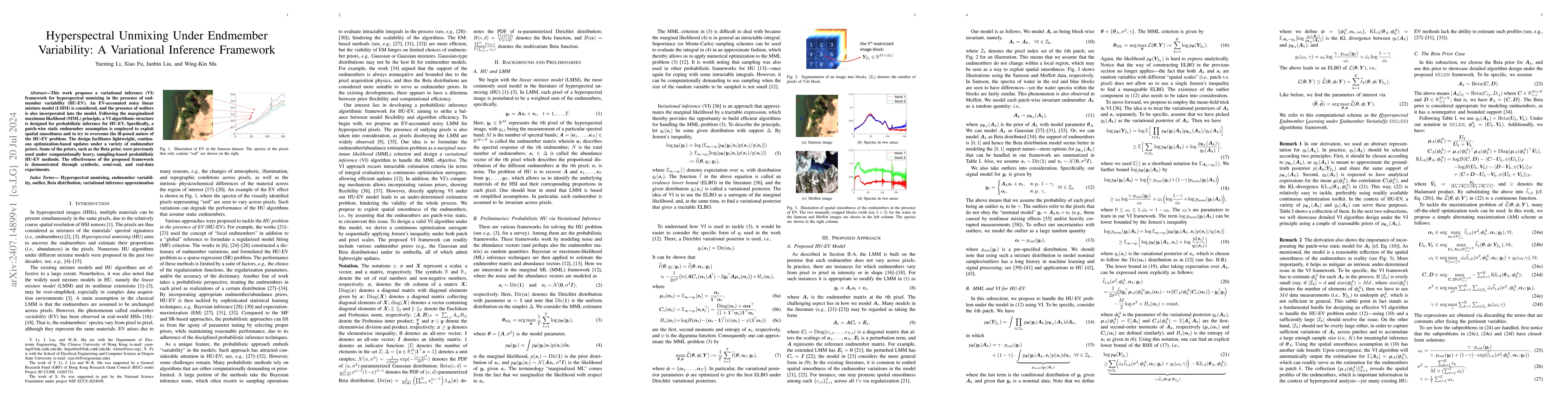 Thumbnail for Hyperspectral Unmixing Under Endmember Variability: A Variational
  Inference Framework