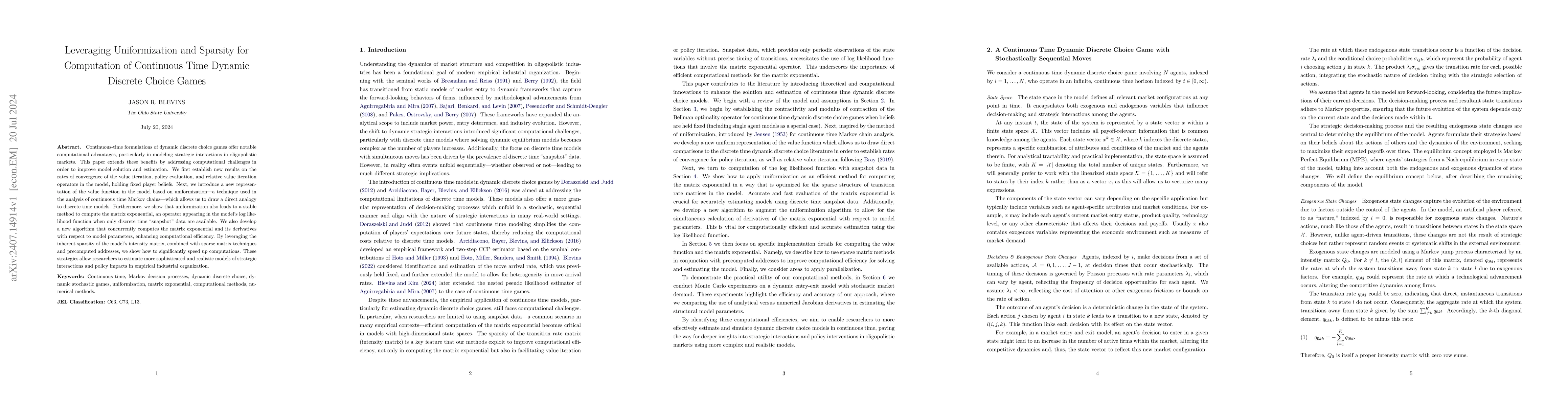 Thumbnail for Leveraging Uniformization and Sparsity for Computation of Continuous
  Time Dynamic Discrete Choice Games