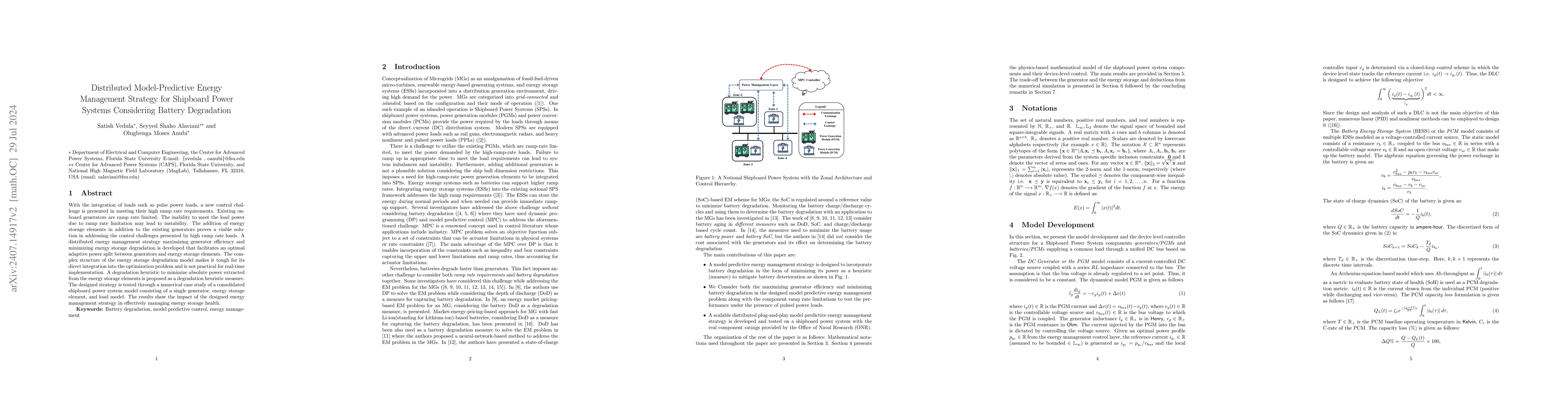 Thumbnail for Distributed Model-Predictive Energy Management Strategy for Shipboard
  Power Systems Considering Battery Degradation