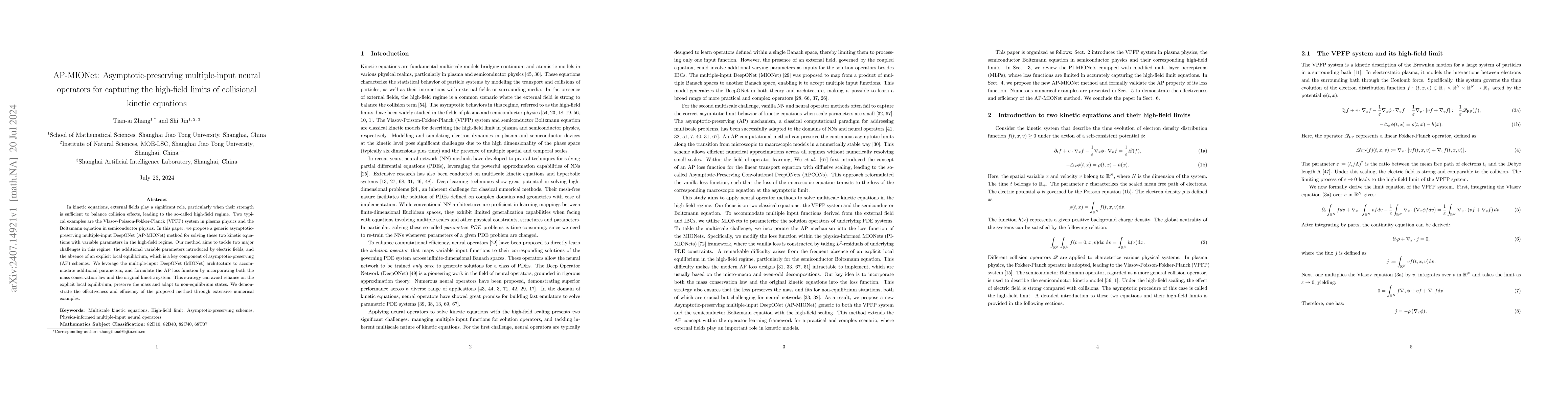 Thumbnail for AP-MIONet: Asymptotic-preserving multiple-input neural operators for
  capturing the high-field limits of collisional kinetic equations