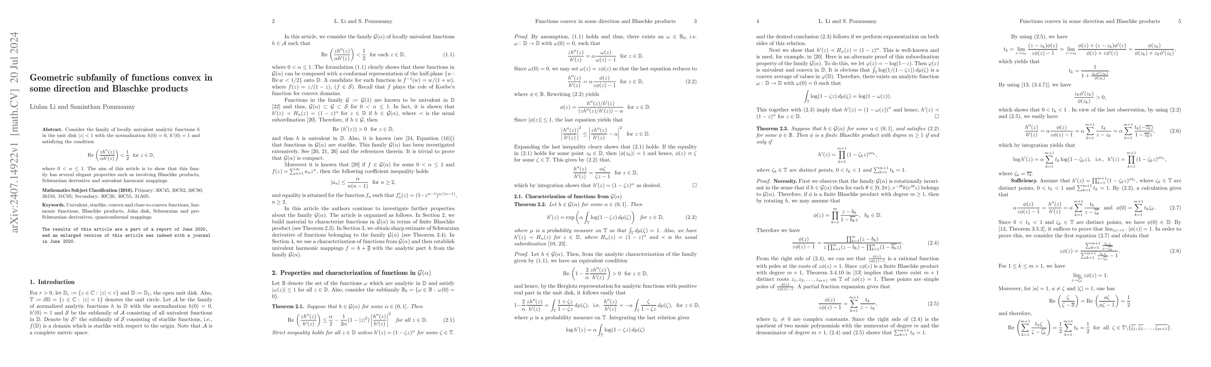 Thumbnail for Geometric subfamily of functions convex in some direction and Blaschke
  products