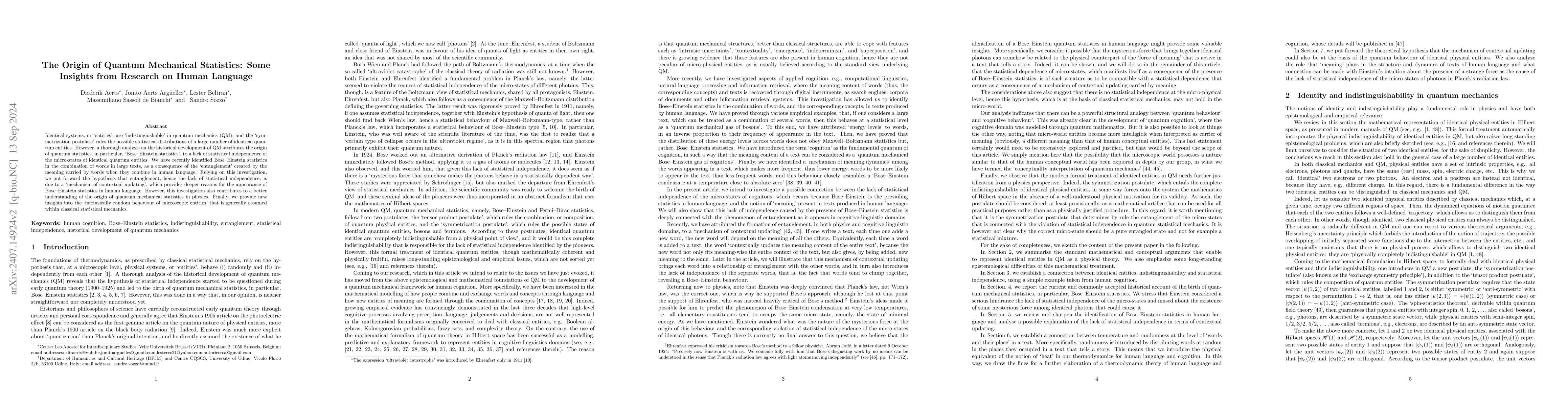Thumbnail for The Origin of Quantum Mechanical Statistics: Some Insights from the
  Research on Human Language
