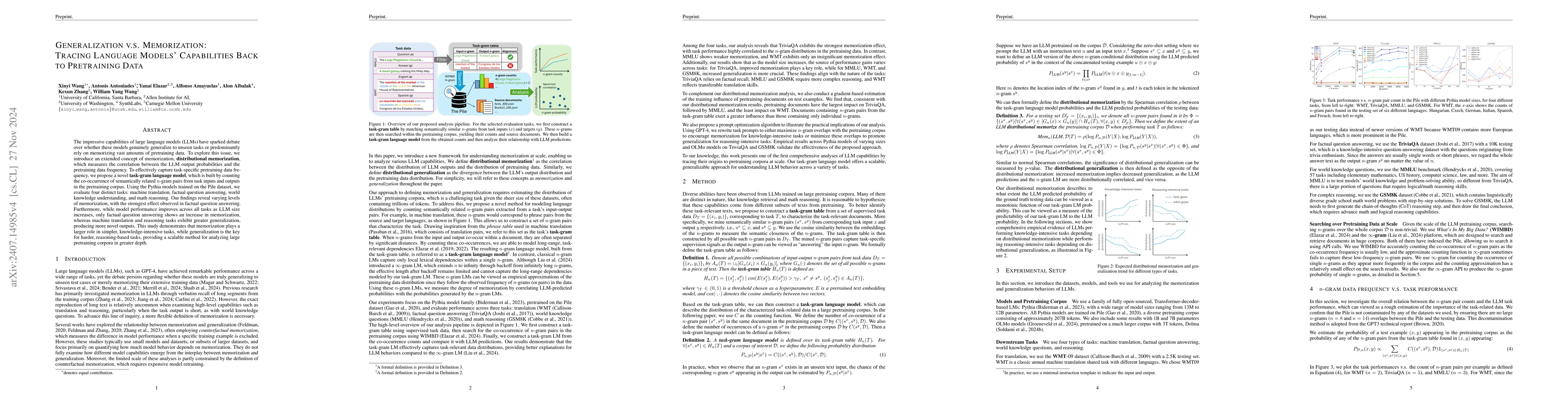 Thumbnail for Generalization v.s. Memorization: Tracing Language Models' Capabilities
  Back to Pretraining Data