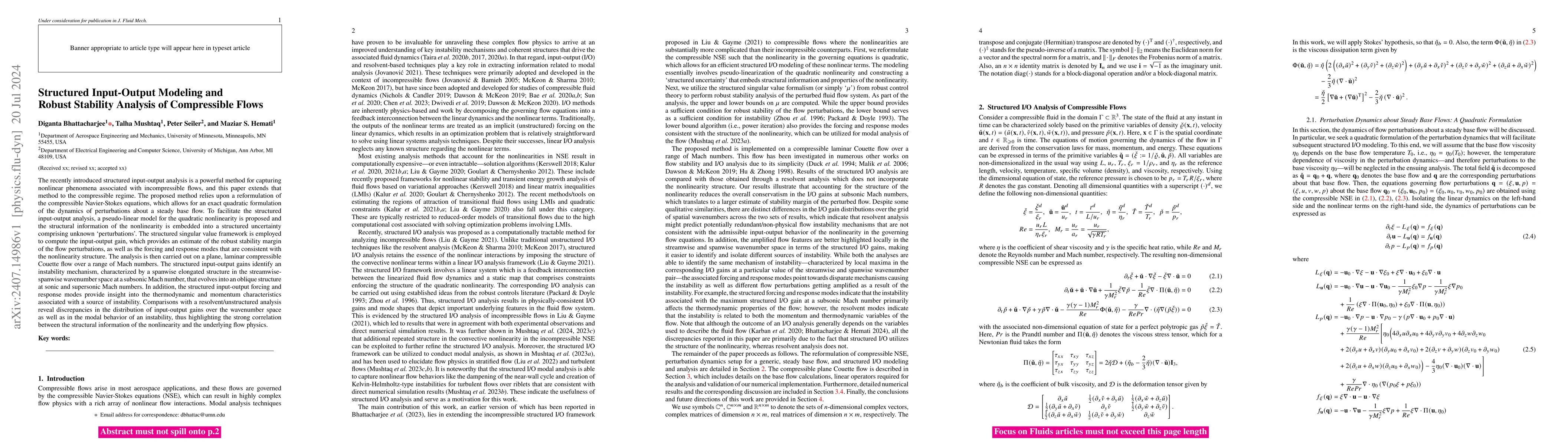 Thumbnail for Structured Input-Output Modeling and Robust Stability Analysis of
  Compressible Flows