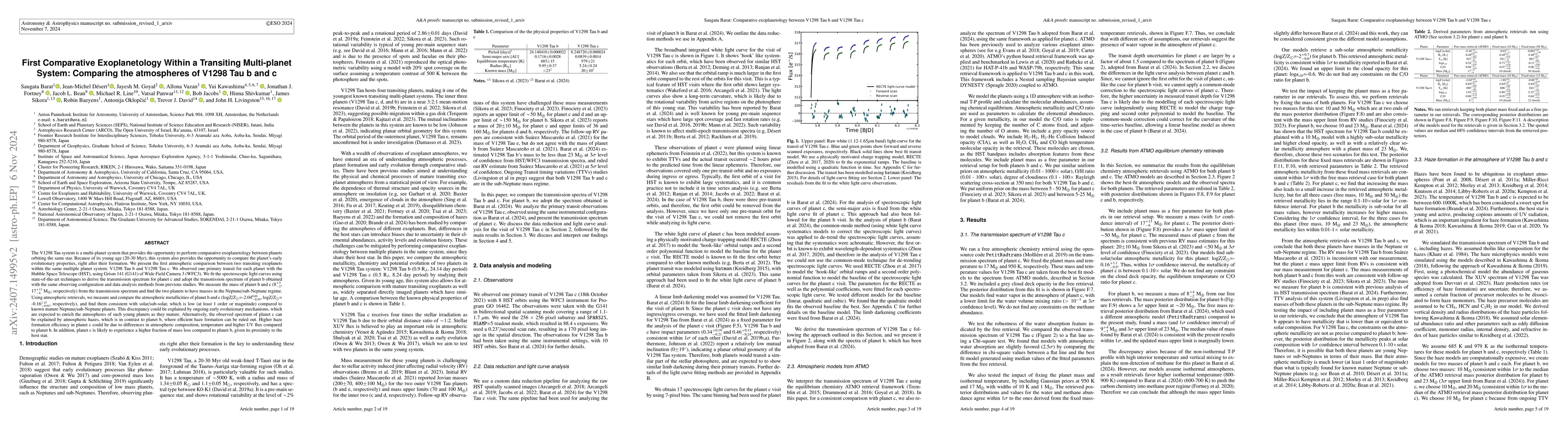 Thumbnail for First Comparative Exoplanetology Within a Transiting Multi-planet
  System: Comparing the atmospheres of V1298 Tau b and c
