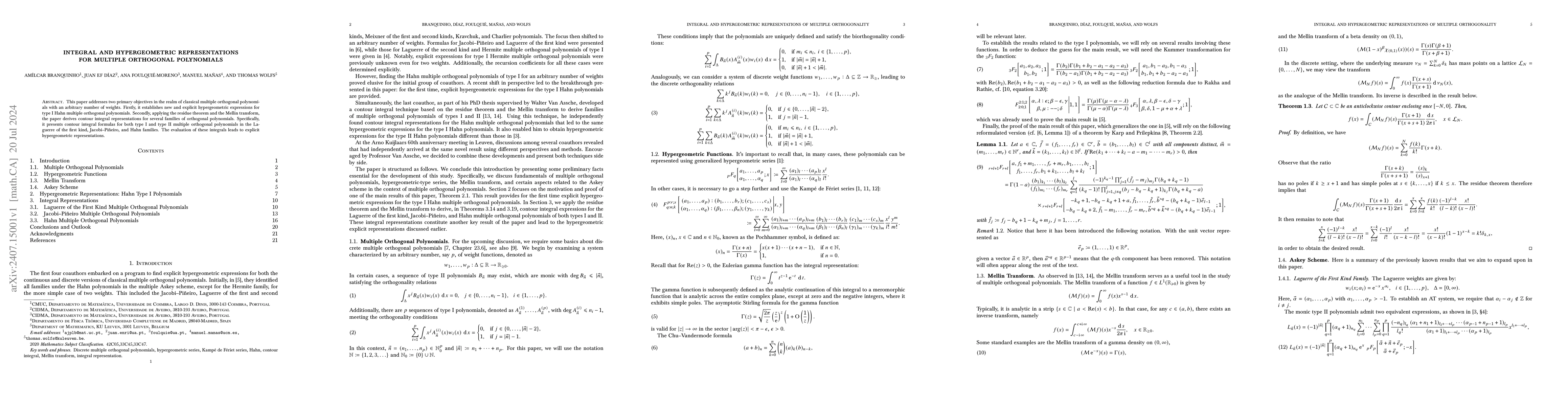 Thumbnail for Integral and hypergeometric representations for multiple orthogonal
  polynomials