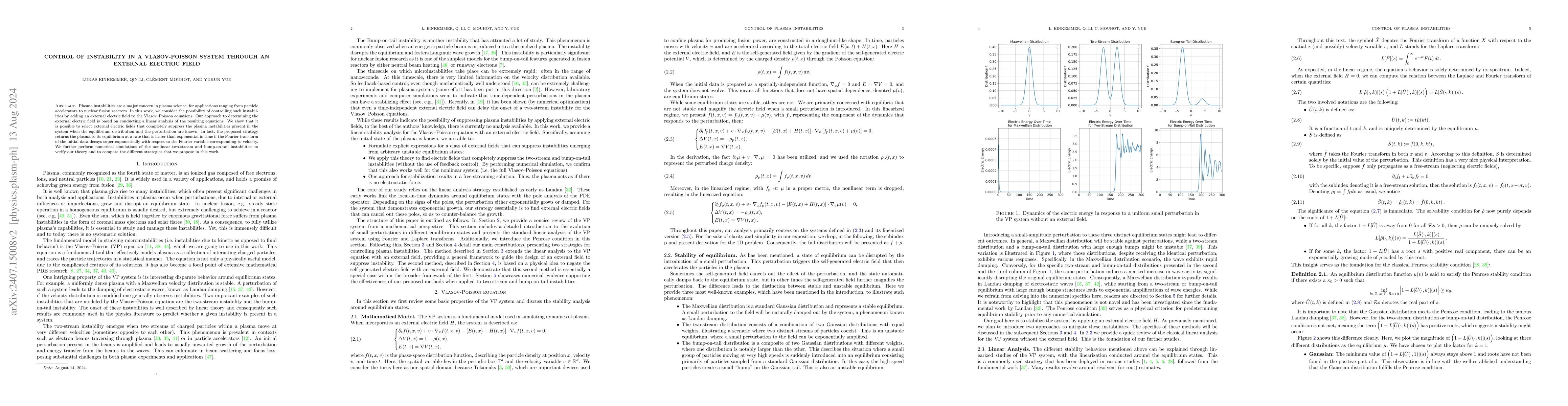 Thumbnail for Control of Instability in a Vlasov-Poisson System Through an External
  Electric Field