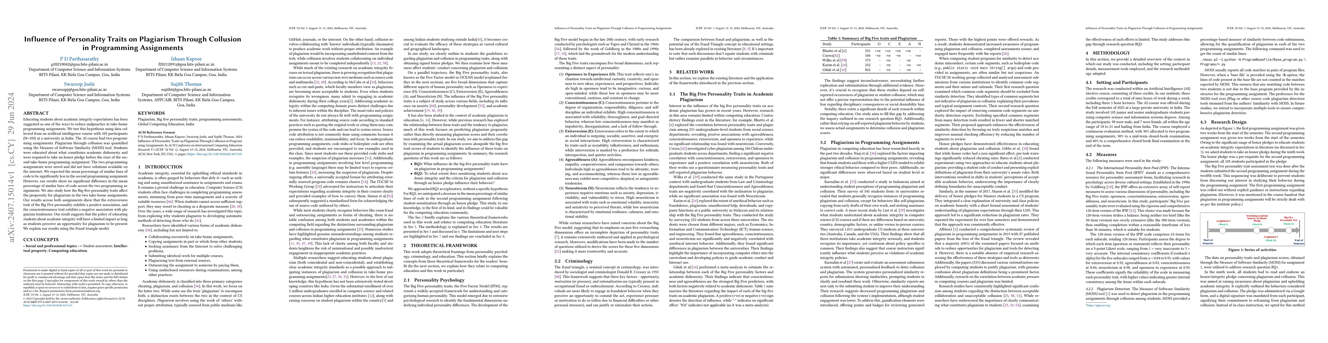 Thumbnail for Influence of Personality Traits on Plagiarism Through Collusion in
  Programming Assignments