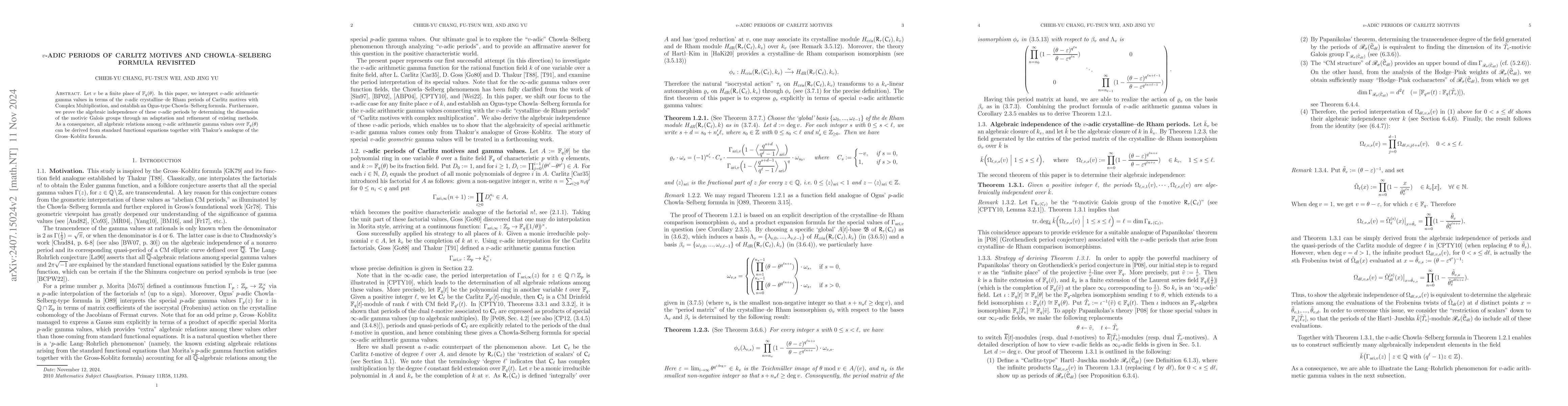 Thumbnail for $v$-adic periods of Carlitz motives and Chowla-Selberg formula revisited
