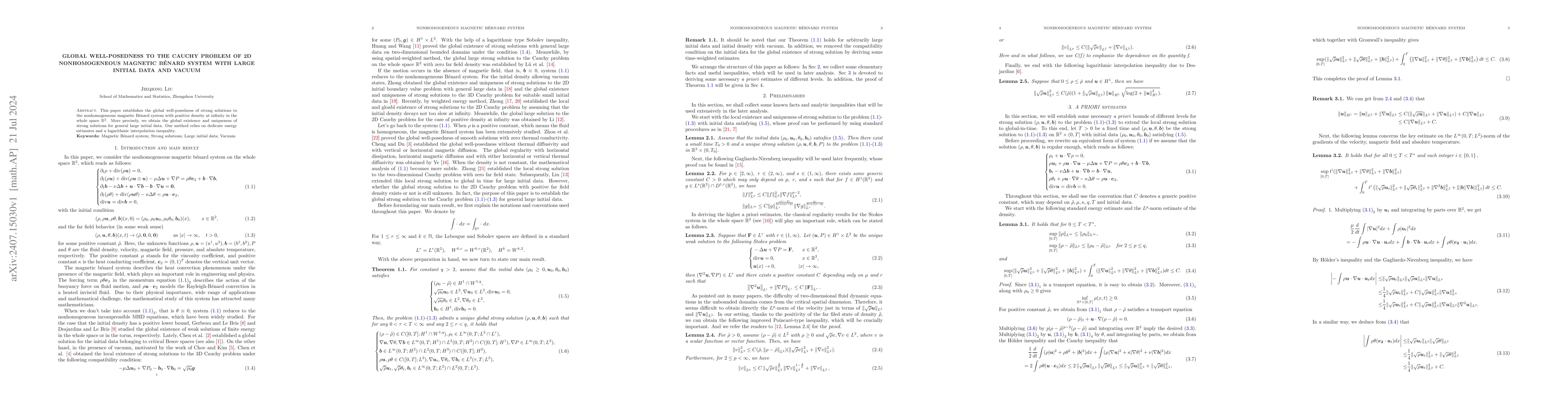 Thumbnail for Global well-posedness to the Cauchy problem of 2D nonhomogeneous
  magnetic Bénard system with large initial data and vacuum