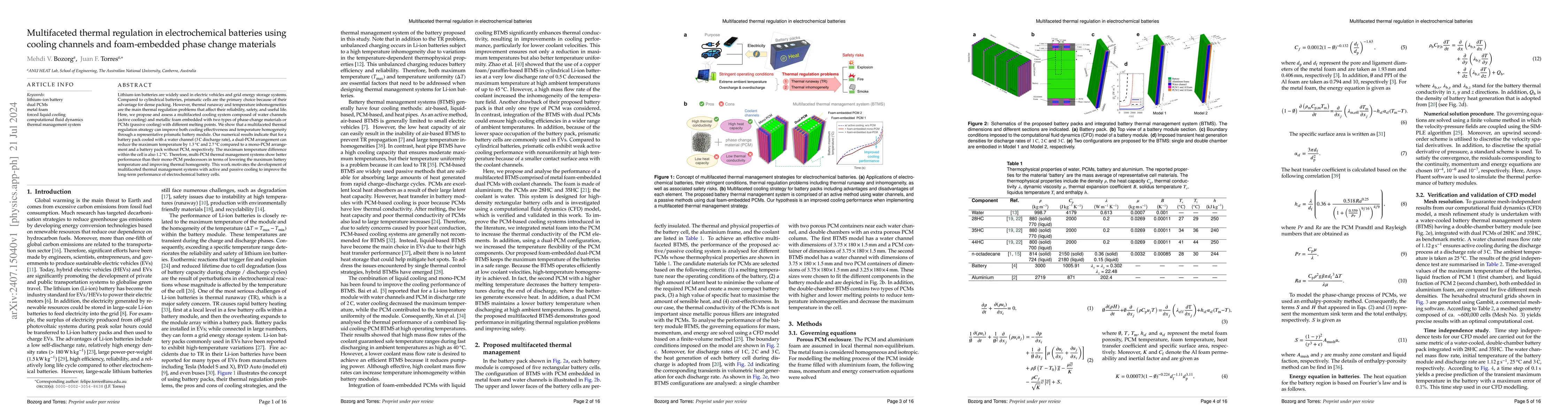 Thumbnail for Multifaceted thermal regulation in electrochemical batteries using
  cooling channels and foam-embedded phase change materials