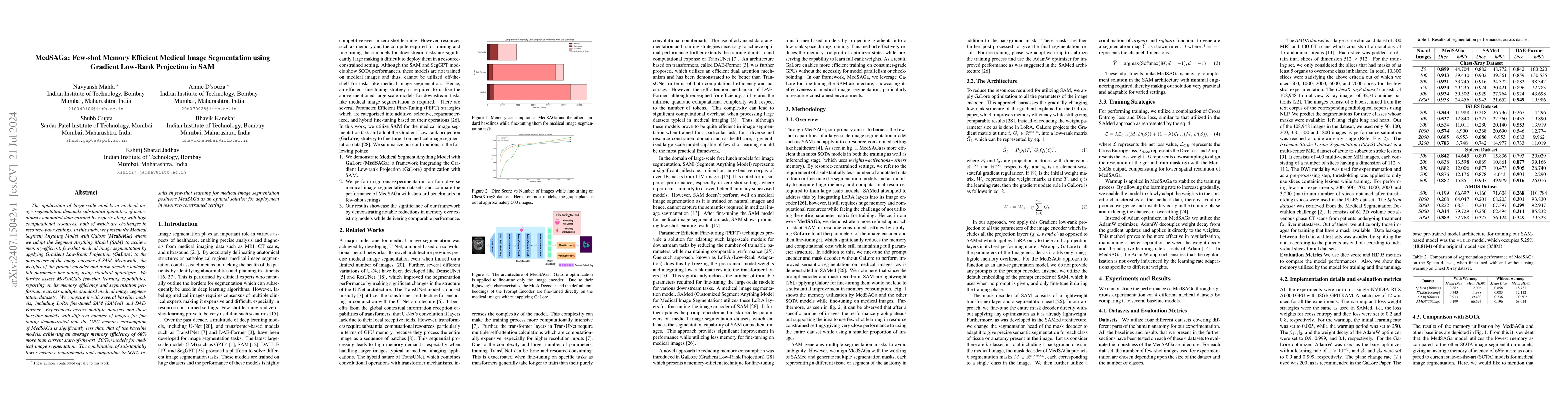 Thumbnail for MedSAGa: Few-shot Memory Efficient Medical Image Segmentation using
  Gradient Low-Rank Projection in SAM