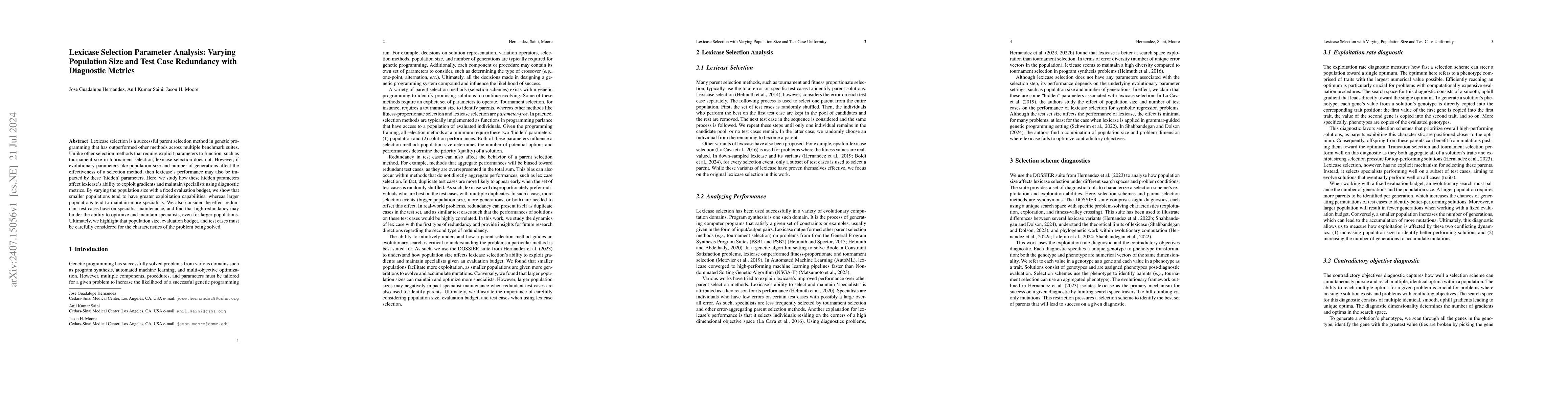Thumbnail for Lexicase Selection Parameter Analysis: Varying Population Size and Test
  Case Redundancy with Diagnostic Metrics