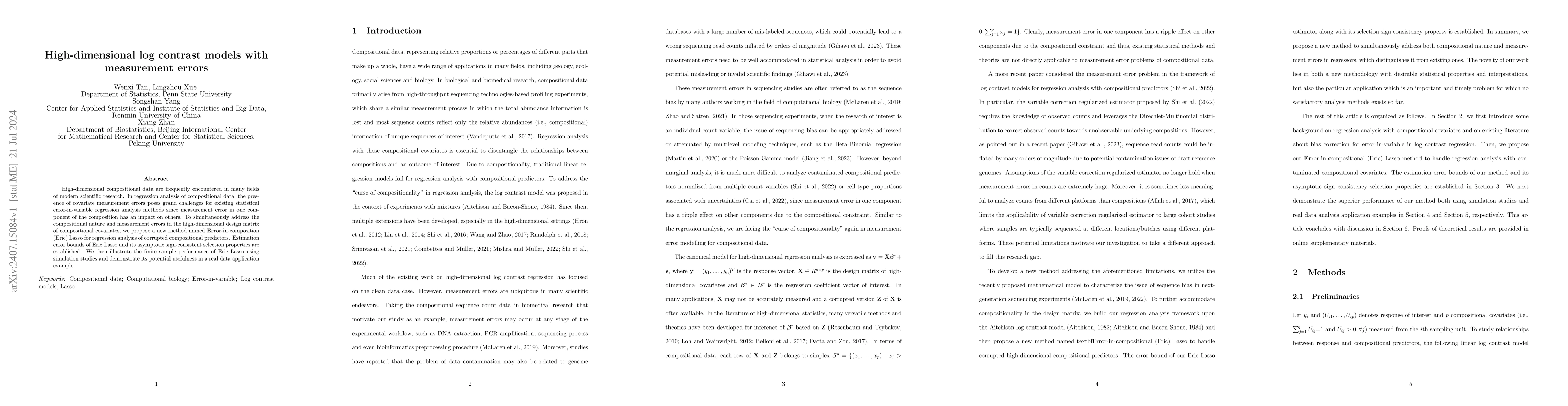 Thumbnail for High-dimensional log contrast models with measurement errors
