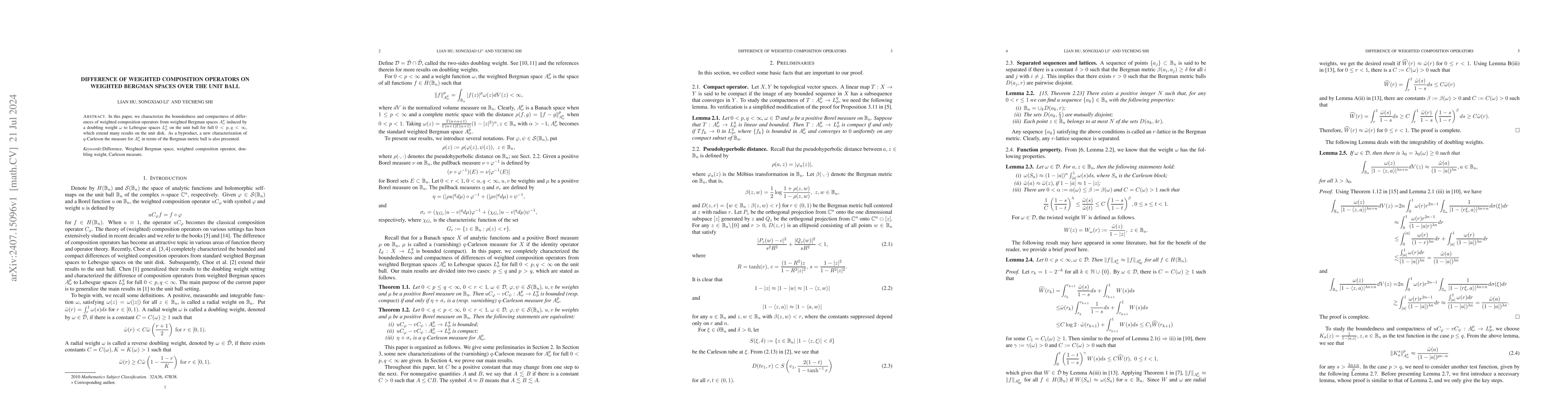 Thumbnail for Difference of weighted composition operators on weighted Bergman spaces
  over the unit Ball