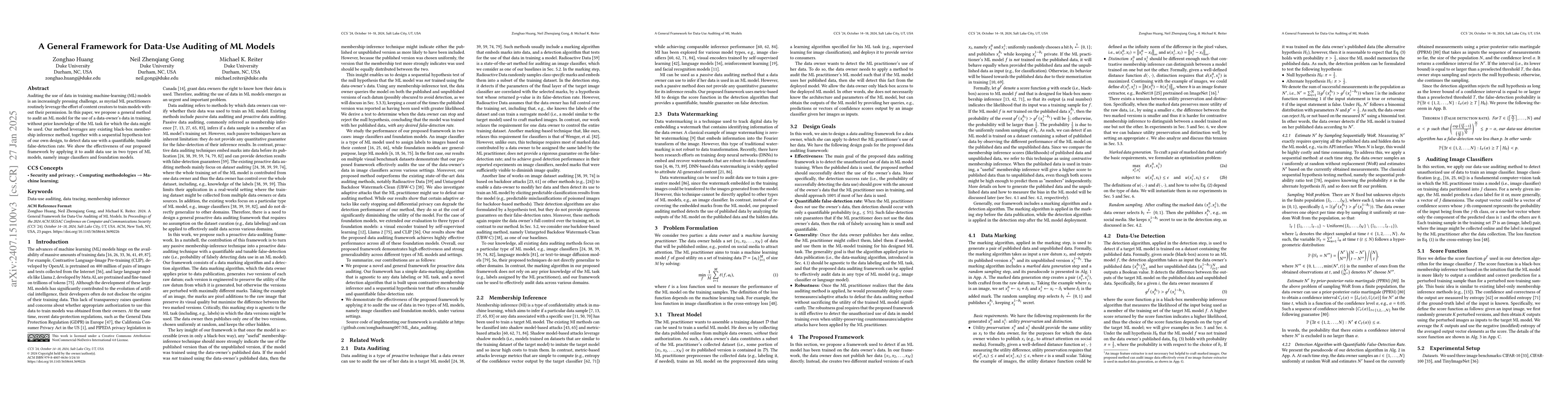 Thumbnail for A General Framework for Data-Use Auditing of ML Models