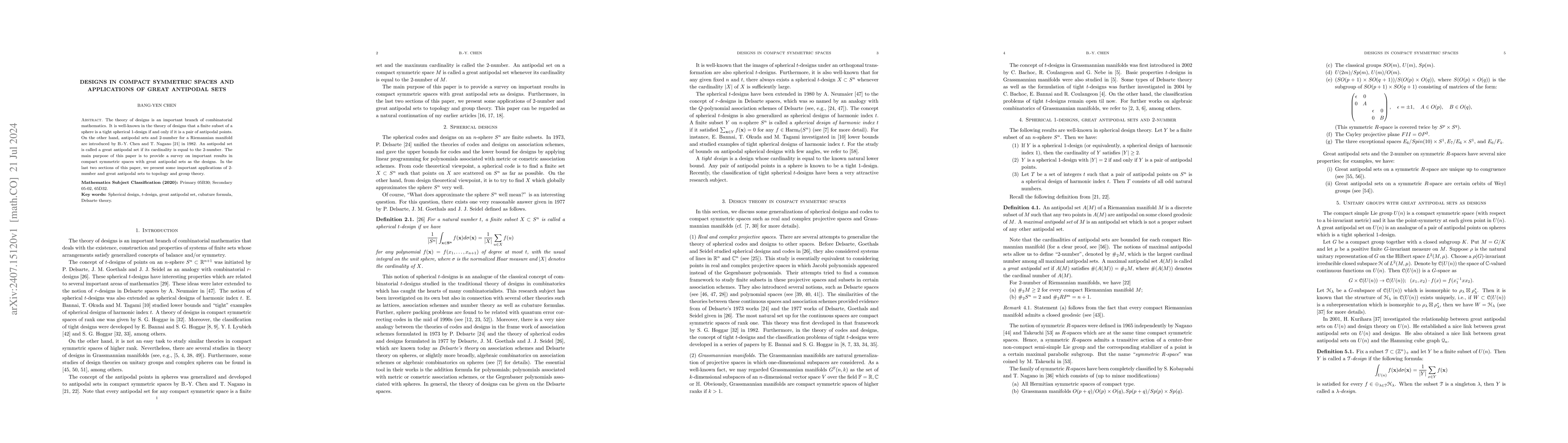 Thumbnail for Designs in compact symmetric spaces and applications of great antipodal
  sets