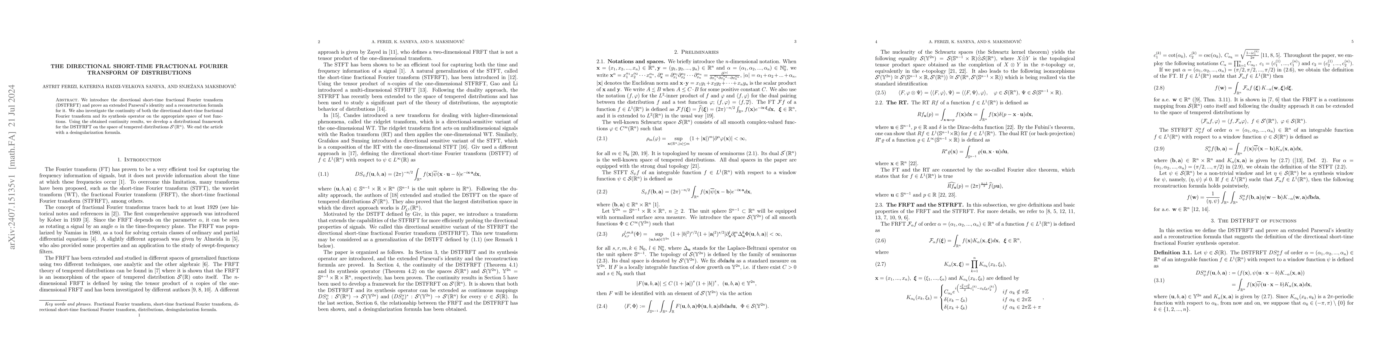 Thumbnail for The directional short-time fractional Fourier transform of distributions