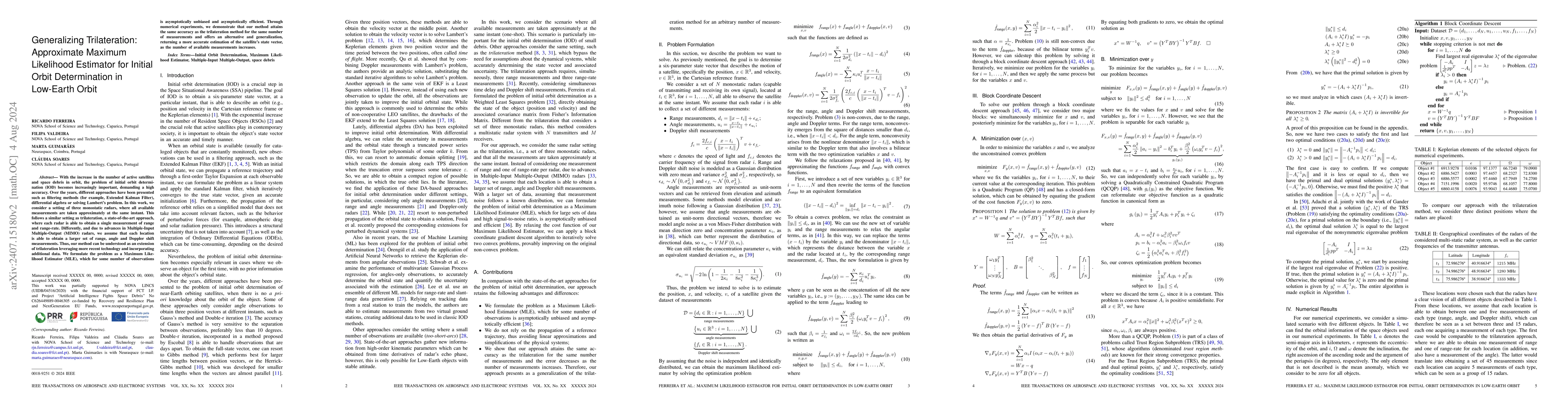 Thumbnail for Generalizing Trilateration: Approximate Maximum Likelihood Estimator for
  Initial Orbit Determination in Low-Earth Orbit