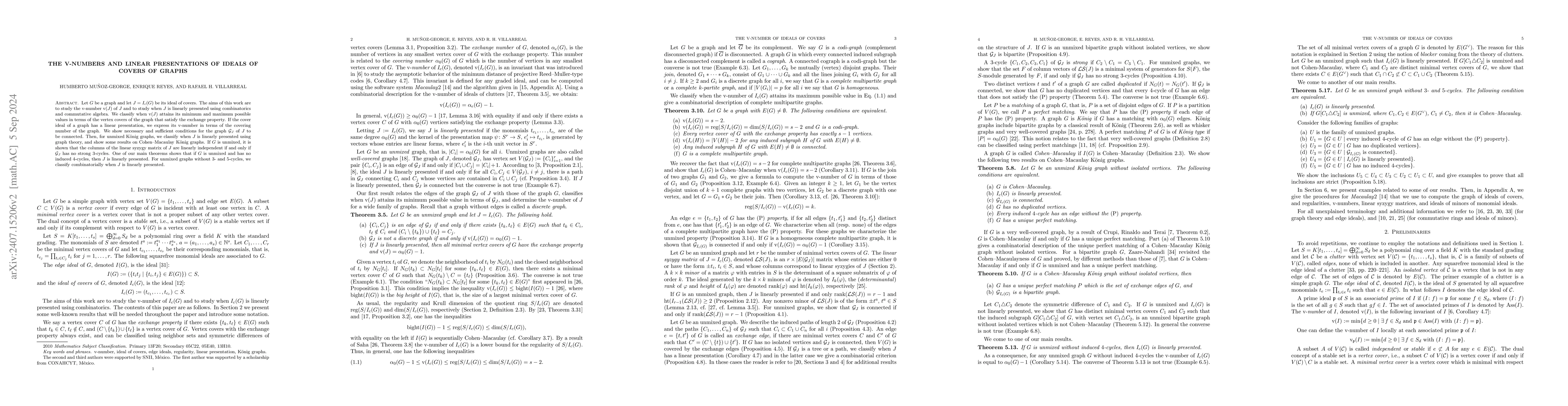 Thumbnail for The v-numbers and linear presentations of ideals of covers of graphs