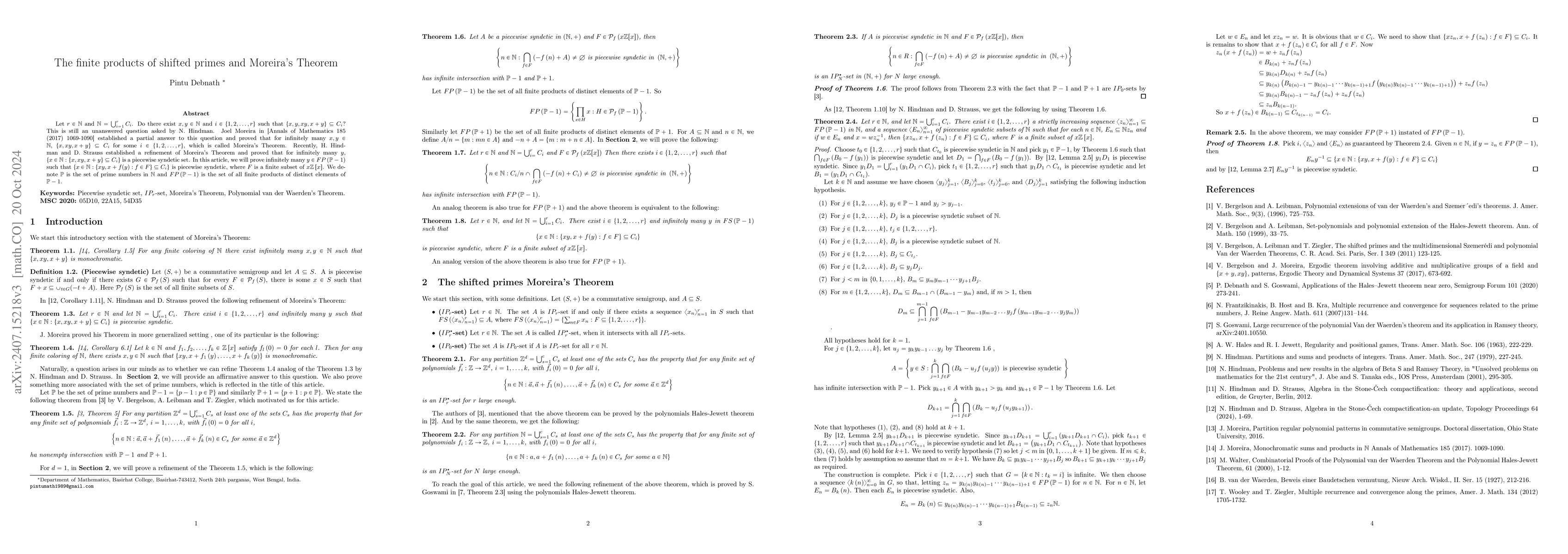 Thumbnail for The finite products of shifted primes and Moreira's Theorem