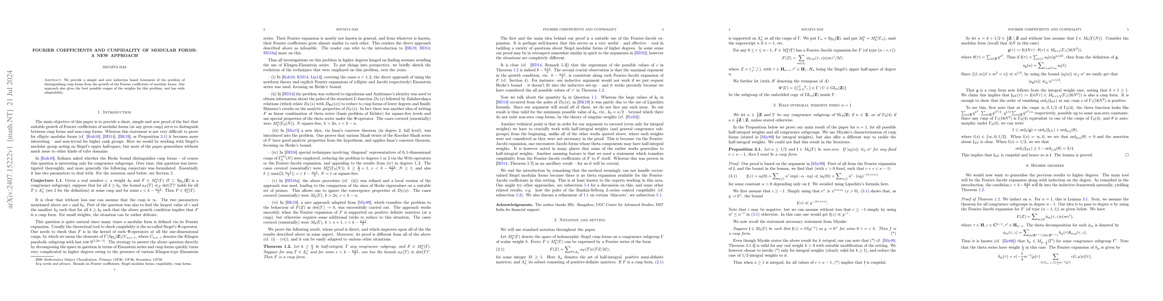 Thumbnail for Fourier coefficients and cuspidality of modular forms: a new approach