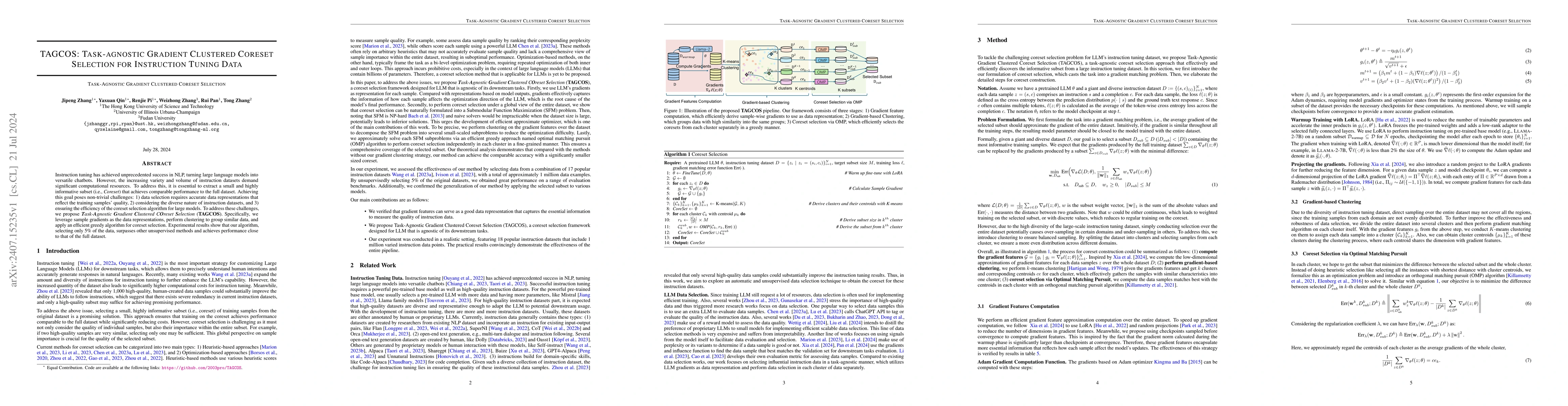 Thumbnail for TAGCOS: Task-agnostic Gradient Clustered Coreset Selection for
  Instruction Tuning Data