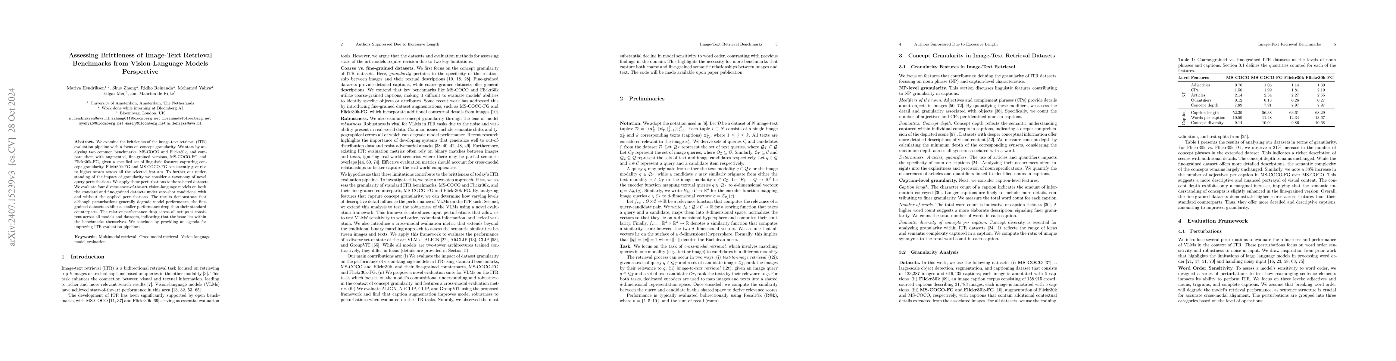 Thumbnail for Assessing Brittleness of Image-Text Retrieval Benchmarks from
  Vision-Language Models Perspective