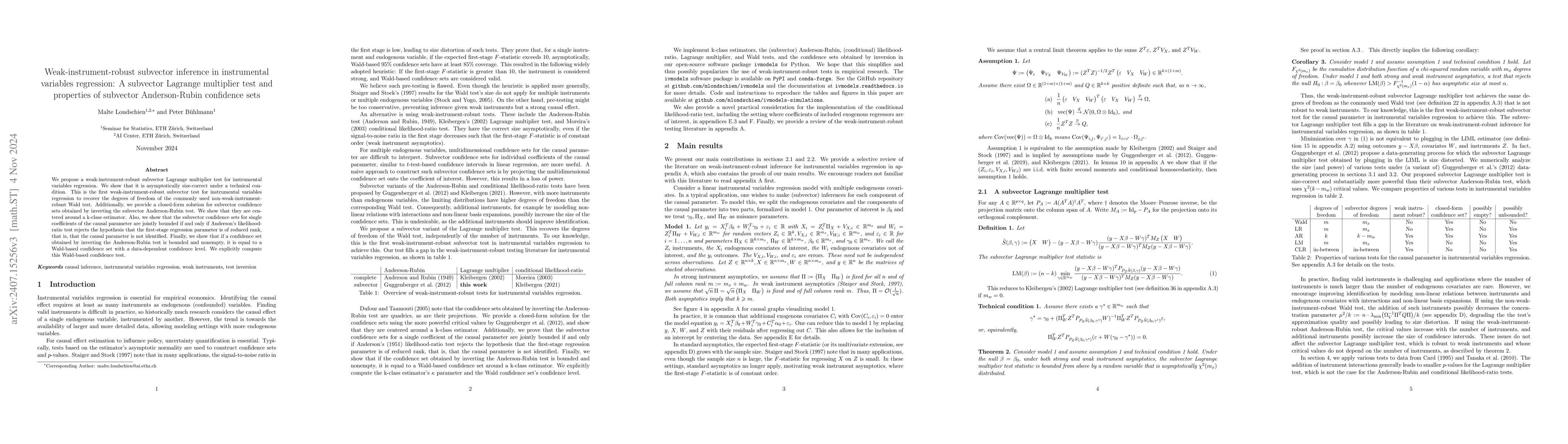 Thumbnail for Weak-instrument-robust subvector inference in instrumental variables
  regression: A subvector Lagrange multiplier test and properties of subvector
  Anderson-Rubin confidence sets