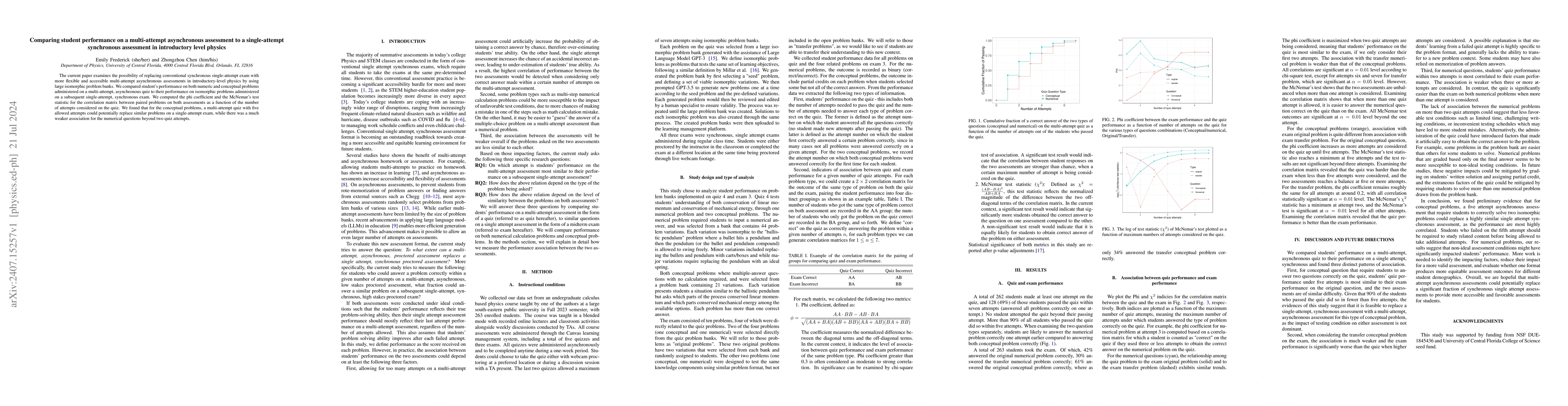 Thumbnail for Comparing student performance on a multi-attempt asynchronous assessment
  to a single-attempt synchronous assessment in introductory level physics