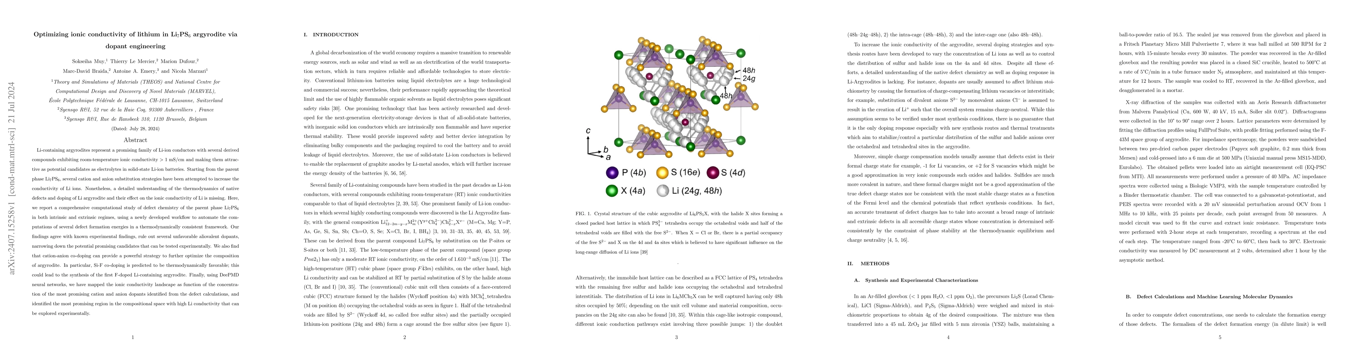 Thumbnail for Optimizing ionic conductivity of lithium in Li$_7$PS$_6$ argyrodite via
  dopant engineering