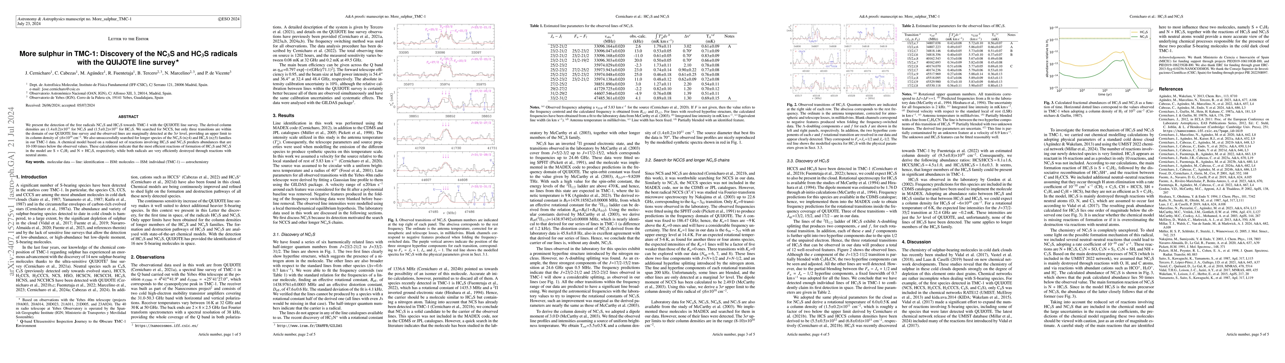 Thumbnail for More sulphur in TMC-1: Discovery of the NC$_3$S and HC$_3$S radicals
  with the QUIJOTE line survey