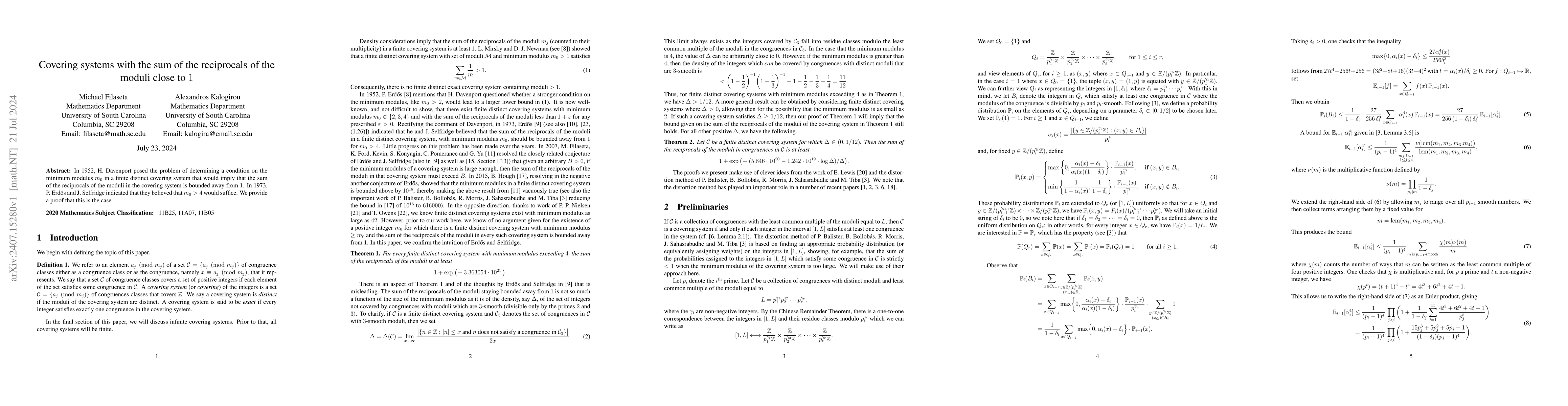 Thumbnail for Covering systems with the sum of the reciprocals of the moduli close to
  $1$